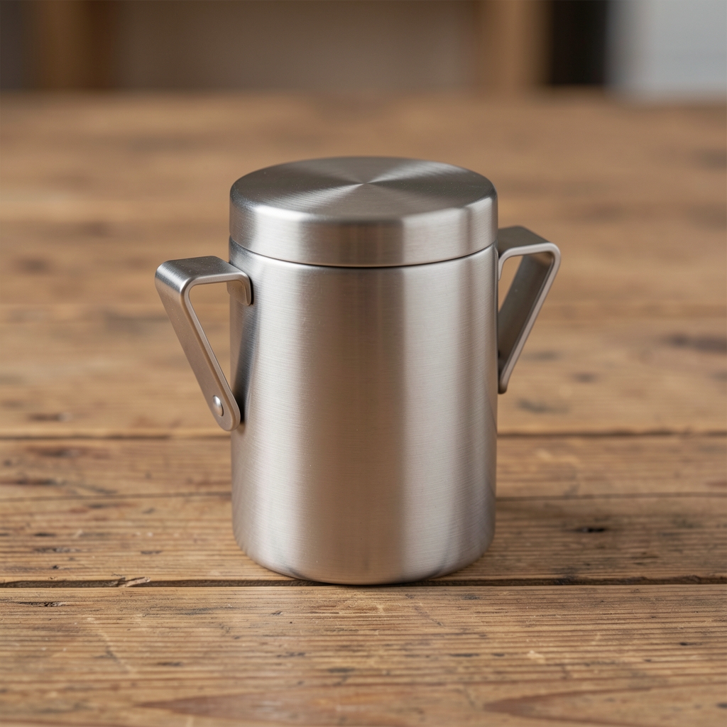 Set de vase pentru camping Set compact de vase din aluminiu anodizat cu capac și mânere pliate pe o suprafață de lemn