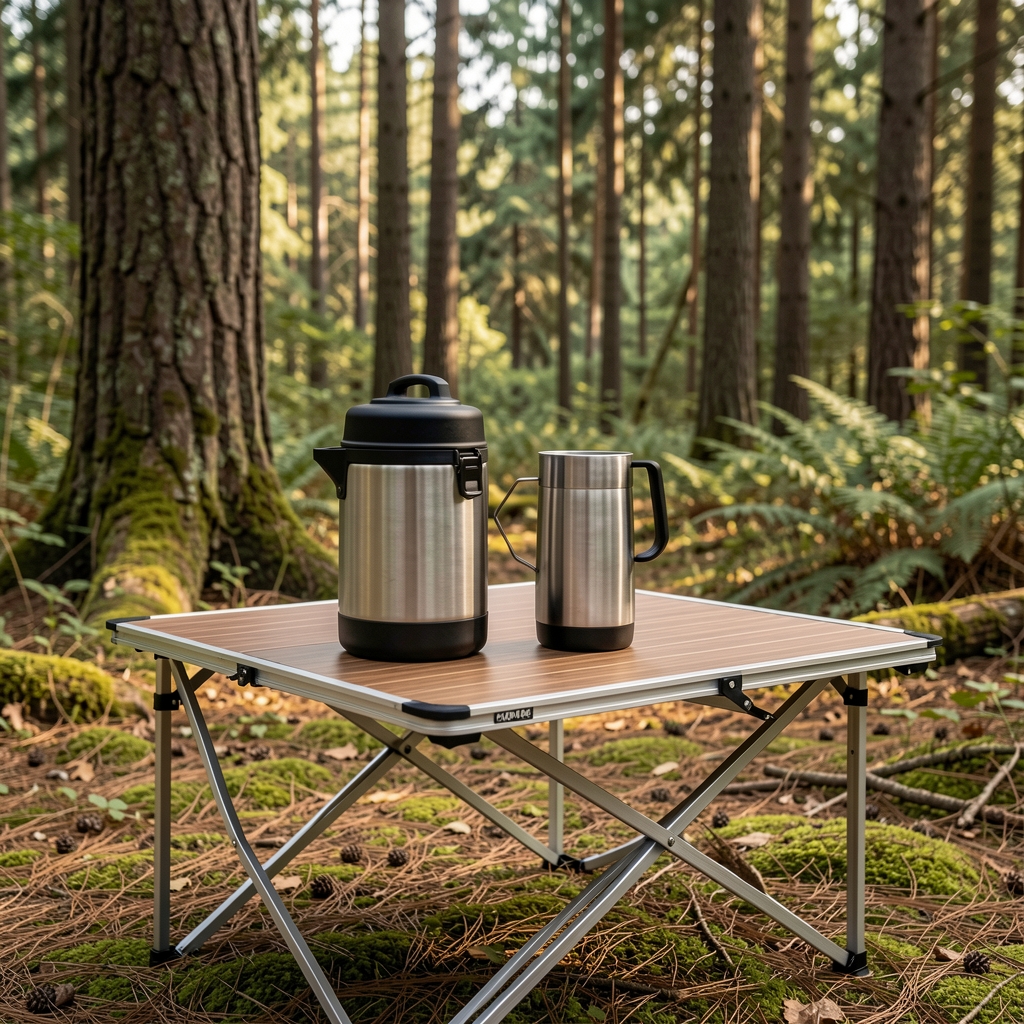 Echipamente pentru bucătărie outdoor Arzător portabil, vas metalic și cană termică așezate pe o masă de camping goală lângă o pădure