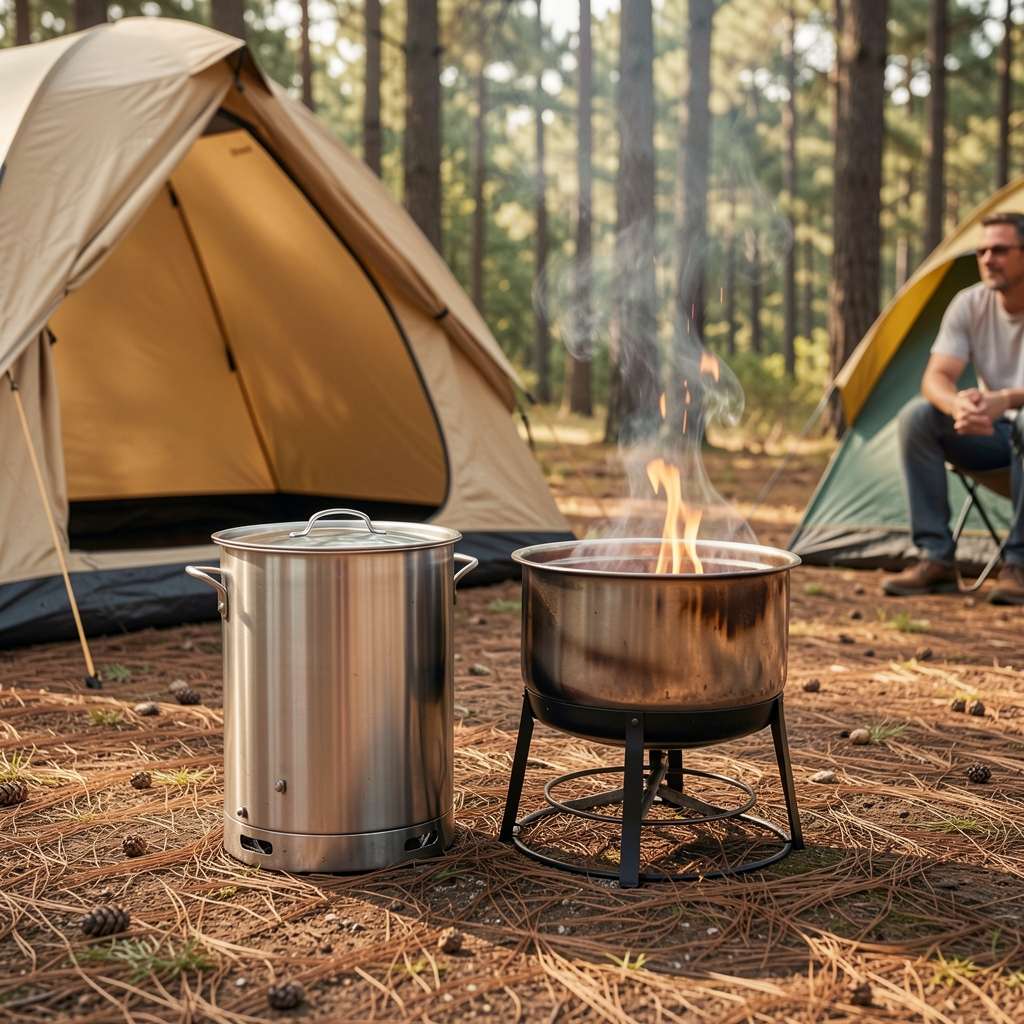 Apă caldă la teren Fierbător compact din inox lângă o sobă portabilă într-un loc de camping fără persoane