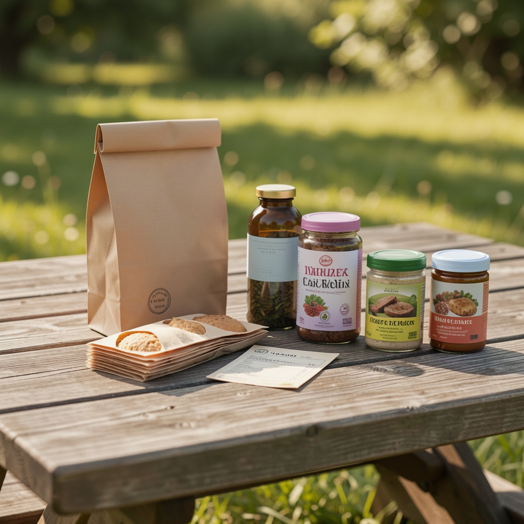 Planificarea meselor în excursii Recipient reutilizabil, tacâmuri pliabile și listă de ingrediente pe o masă de picnic goală